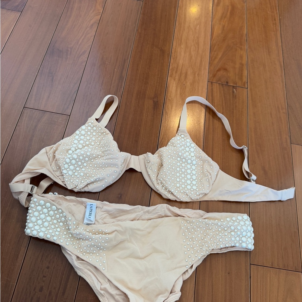 La Perla Beige Bikini with Pearl Details- perfect for brides!